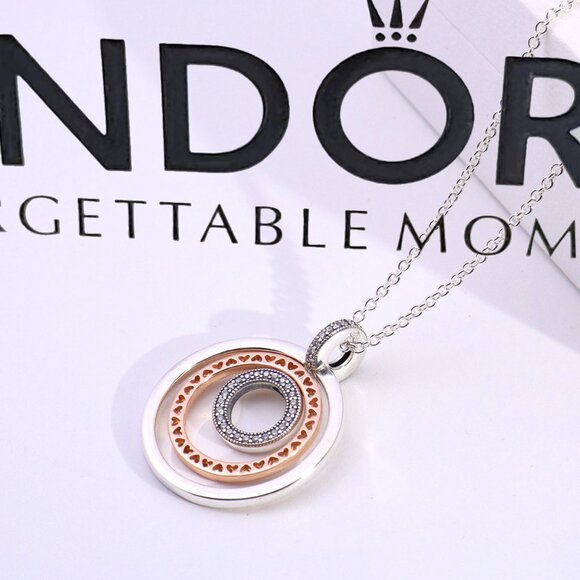Pandora Two-tone Circles Pendant Necklace S925 Silver Rose Gold